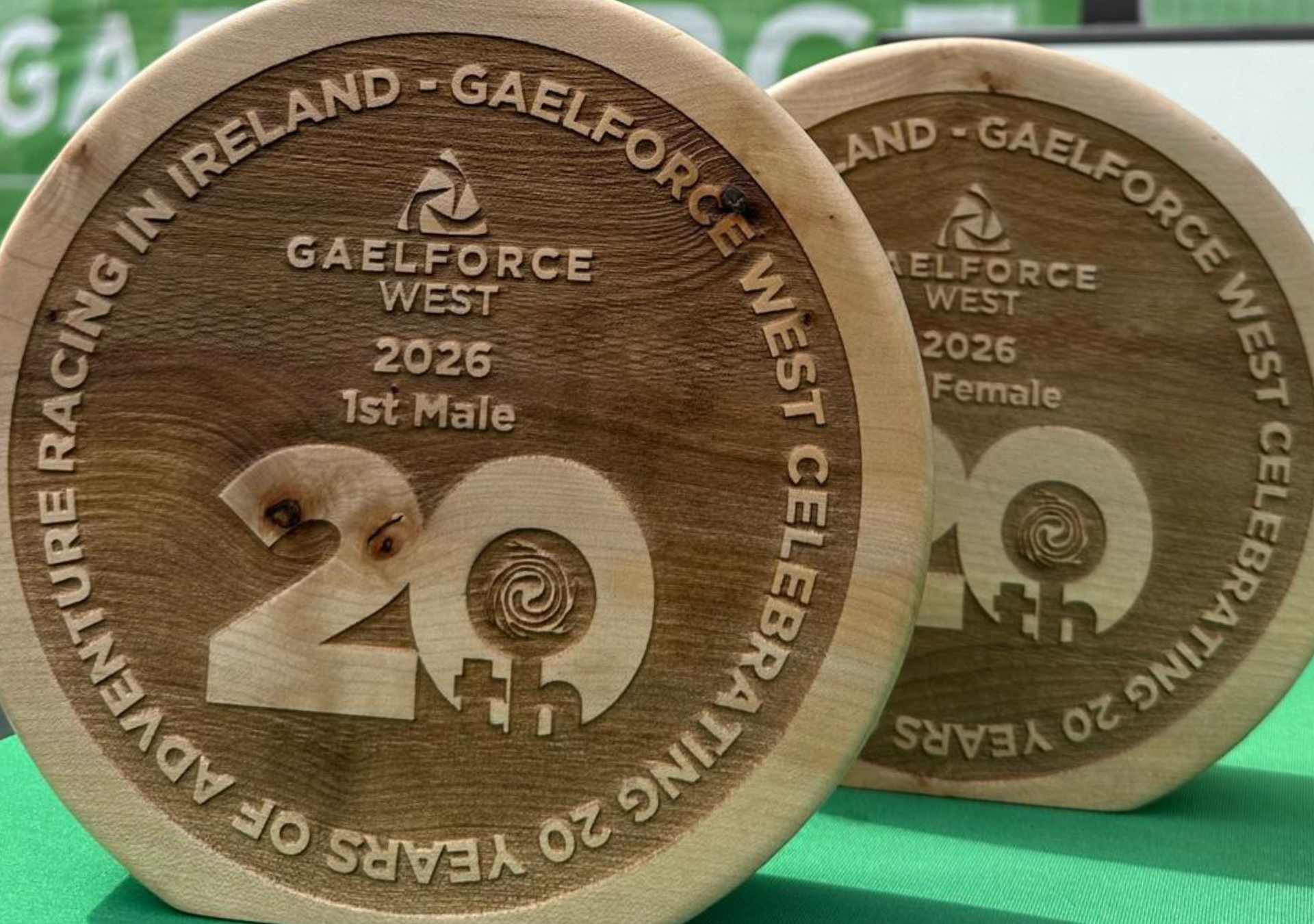 Close-up of finished round Gaelforce West wooden trophies